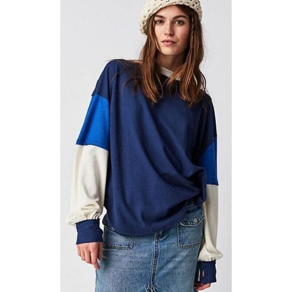 CARE FP WOULD YOU RATHER FREE PEOPLE TEE L/S NWT SZ M NAVY - Picture 1 of 13